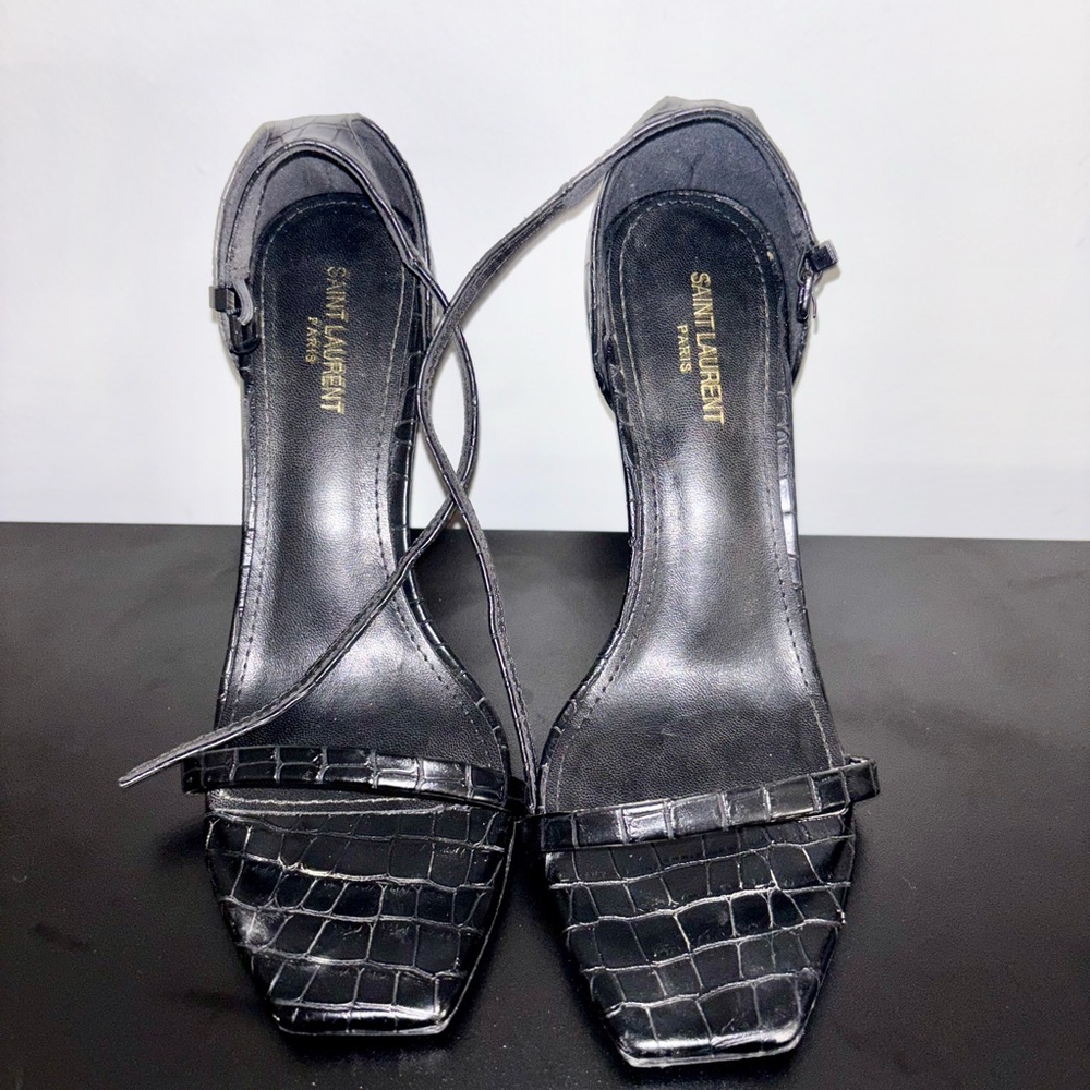 Saint Laurent Black Croc-Embossed YSL Logo Heel Sandal - Picture 3 of 4